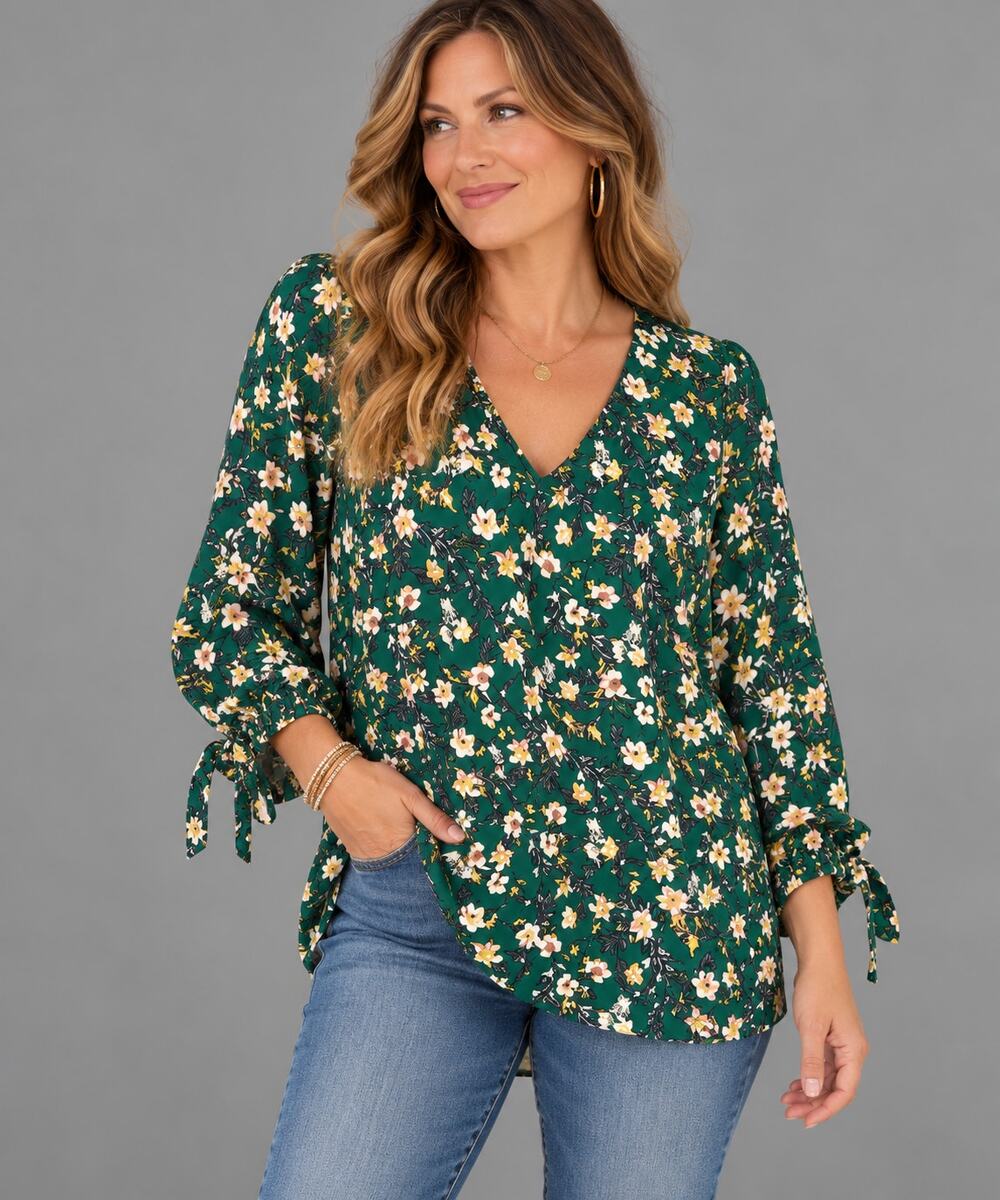 CeCe Women's Green Floral Tie Sleeve Blouse Size M
